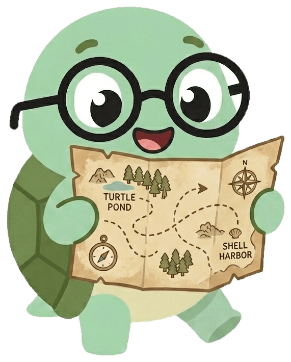 The NoTestudo turtle reading a map