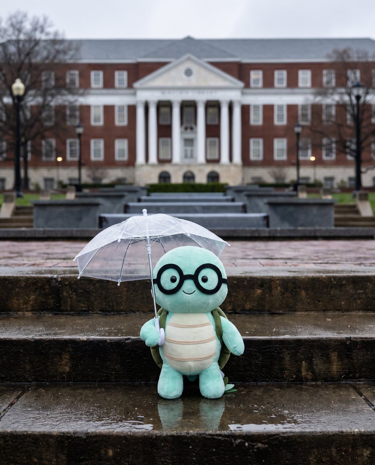 The NoTestudo plush holding a clear umbrella on the damp stone steps of the McKeldin Mall fountain after the rain, McKeldin Library behind it