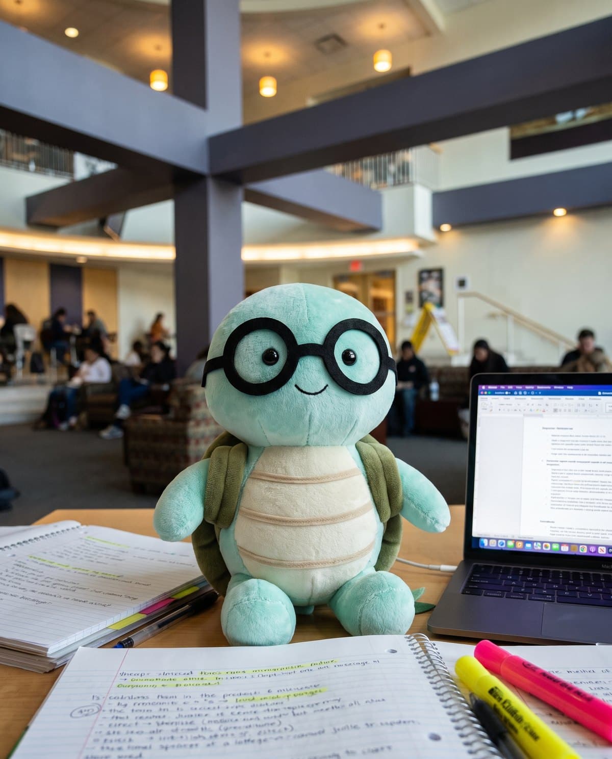 The NoTestudo plush at a study table in the Stamp with an open laptop, notebooks and highlighters.
