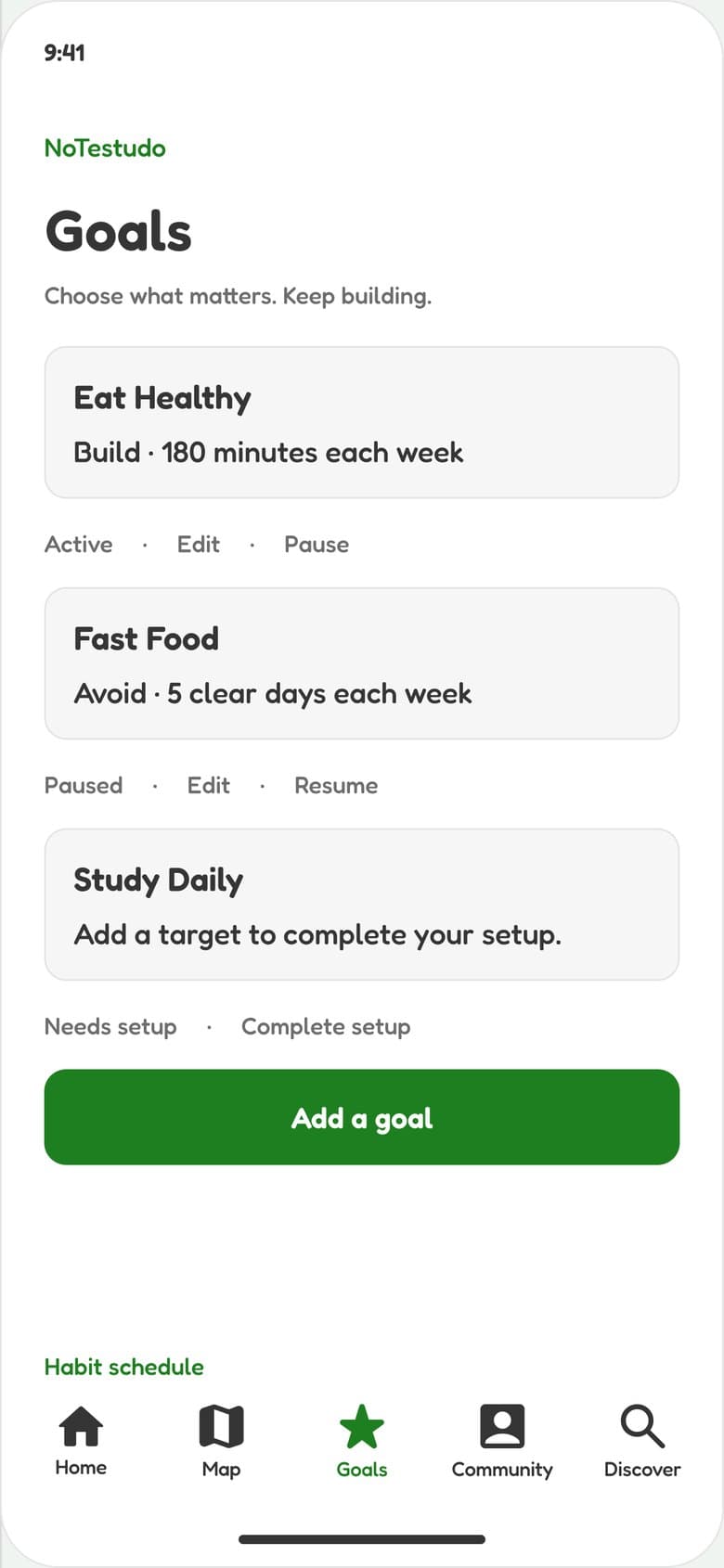 The NoTestudo Goals tab with one goal to build and one to avoid, each with a weekly target