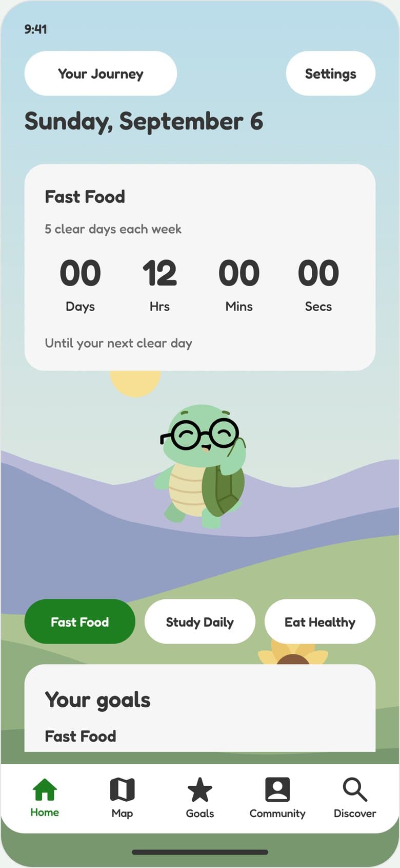 NoTestudo’s Home screen with the sunflower meadow scene