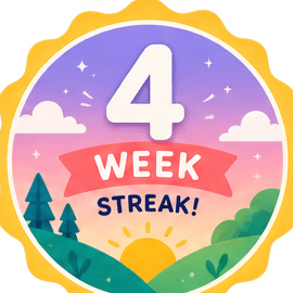The NoTestudo 4-week streak badge, a gold-edged medallion with a sunrise over green hills