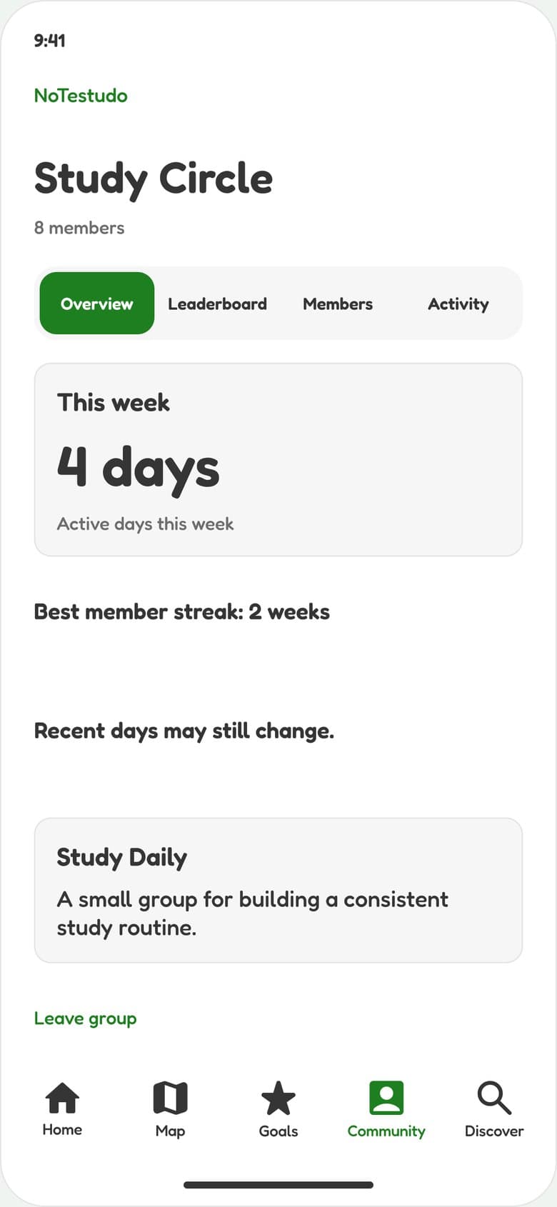 The Study Circle group in the NoTestudo app: 8 members, 4 active days this week