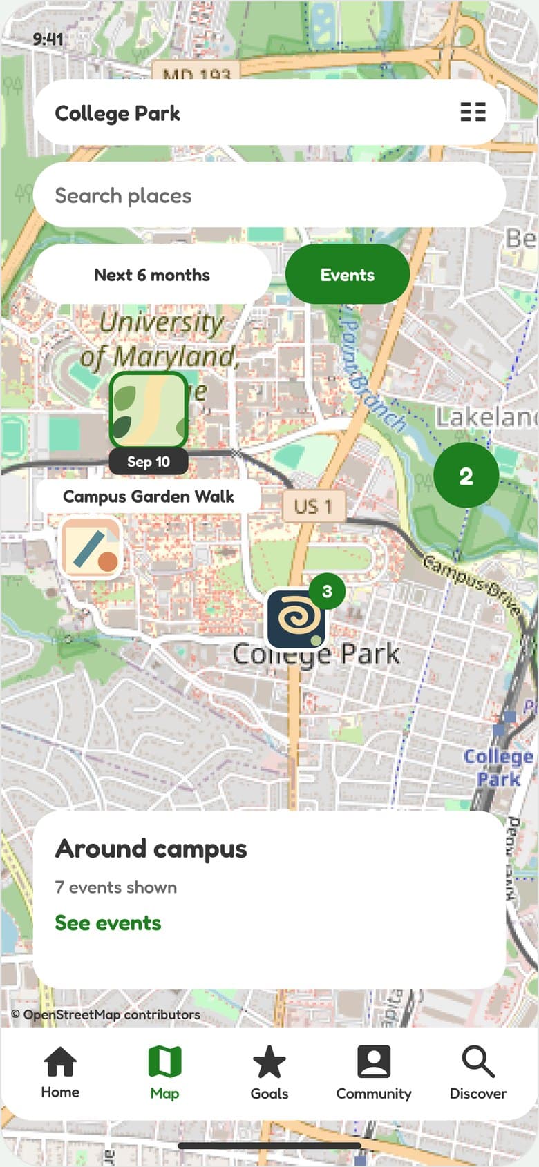 The NoTestudo Map tab showing places and campus events around College Park