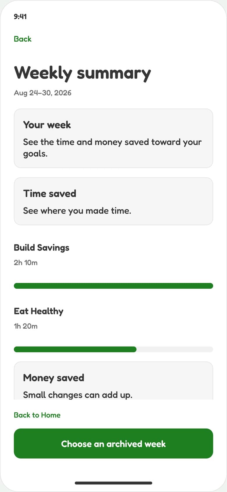 The NoTestudo weekly summary showing time and money saved toward each goal